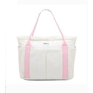 DSW Canvas Tote Duffel Carry Bag Ivory/Pink Durable Zipper Look At My Shoes NIP